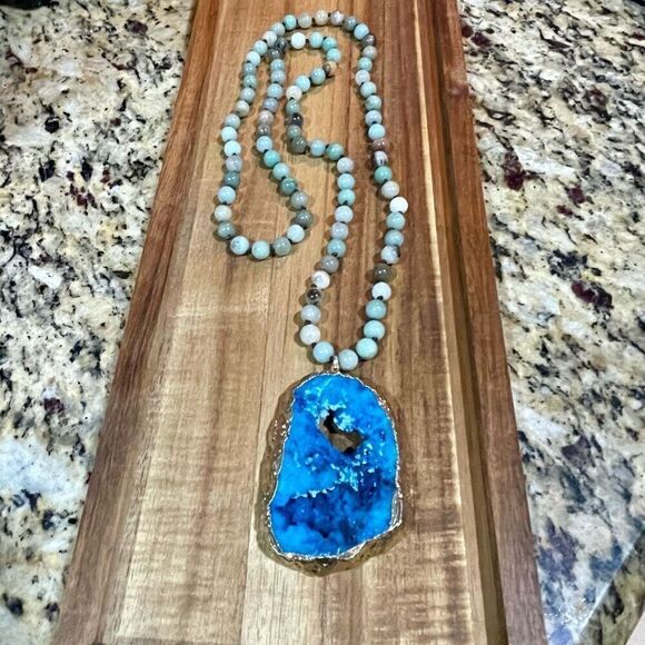 Boho Precious Stone Knotted Irregular Natural Blue Druzy Pendant Long Necklace - Picture 2 of 5